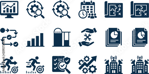 Business icons, productivity symbols, workflow graphics, 20 blue vector graphics
