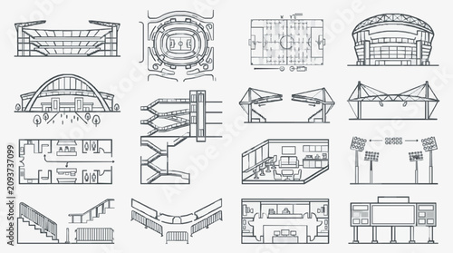 Quadro em tela Clean Black and White Architectural Sketches Showing Stadiums Bridges Buildings