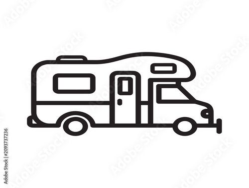 Camper van icon. Motorhome vehicle line art. Travel and camping symbol.