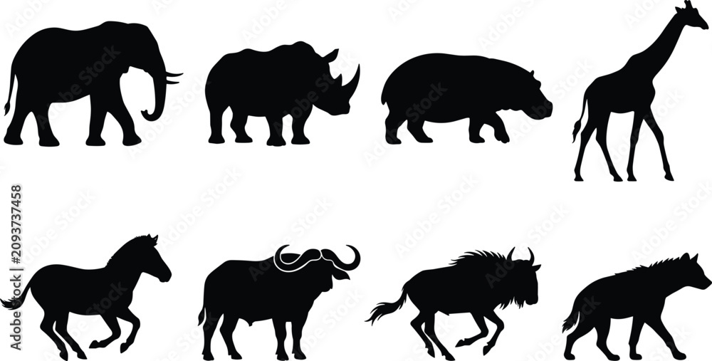 Obraz premium African and Domestic Animal Silhouette Vector Set Featuring Wildlife Icons