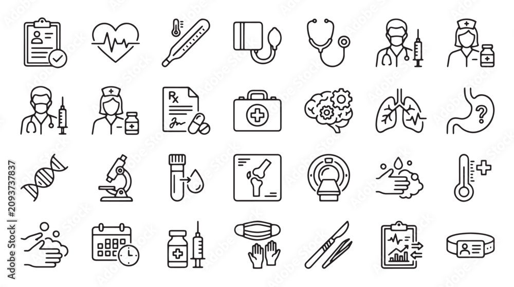 Naklejka premium Medical line icon set, 28 healthcare vector symbols for hospital and clinic services, professional medicine and wellness outline illustrations