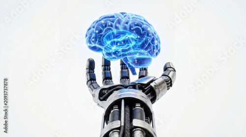 Robotic hand holding a glowing blue brain. Artificial intelligence concept. Futuristic technology