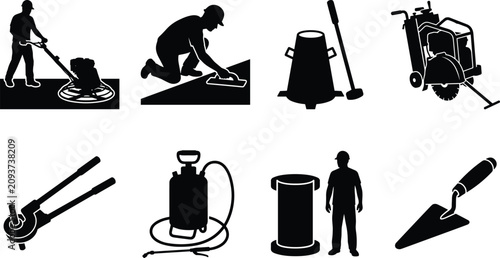 Quadro su tela Concrete construction and masonry finishing tools icon set featuring black silho
