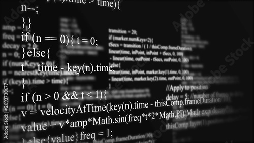 Foto White programming code script on a dark background, software development syntax