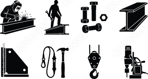 Obraz na płótnie Industrial structural steel construction and metal fabrication icon set featurin