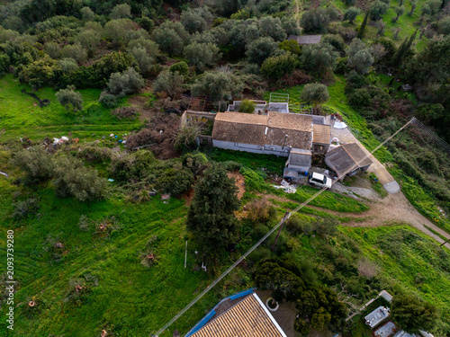 Aerial drone shot of a traditional rural house with a tiled roof surrounded by overgrown green vegetation and olive trees in Corfu island Greece