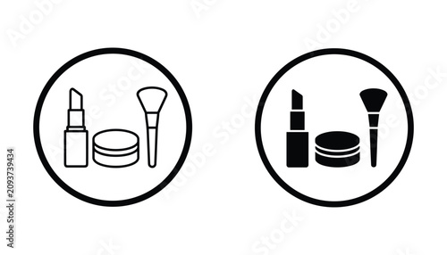 Bild auf Leinwand Cosmetic beauty product icon set featuring lipstick and powder case with makeup