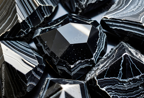 Black onyx gemstones creating abstract geometrical pattern