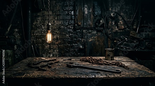 Dimly lit messy workshop table with vintage tools, tools, chain, gloves, and light bulb overhead.