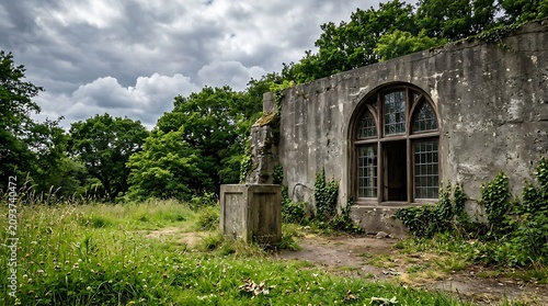 Abandoned stone building overgrown with ivy and vines set in lush green forest under cloudy sky.
