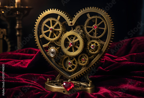 Steampunk heart gearing and ruby mechanism on velvet
