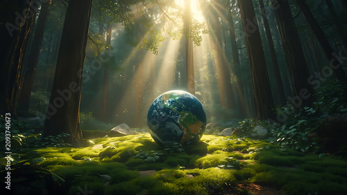 Glowing Earth rests in lush forest bathed in sunbeams, symbolizing nature and conservation.