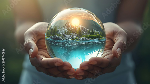 Hands holding crystal ball reflecting a serene mountain landscape with sun and water