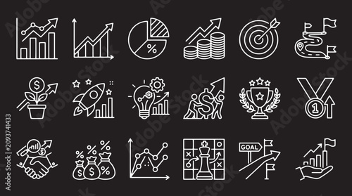 Business growth line icons set, white chalk outline startup success symbols on black background, 18 financial strategy and marketing vector elements