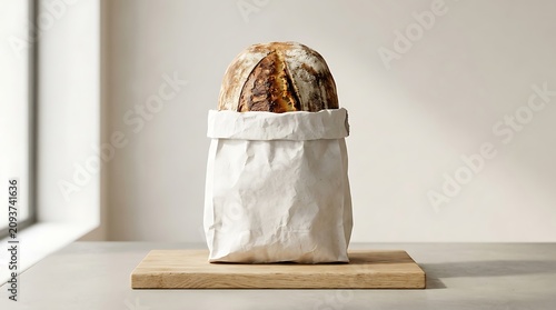 Artisan sourdough bread in paper bag resting on wooden cutting board against bright window.
