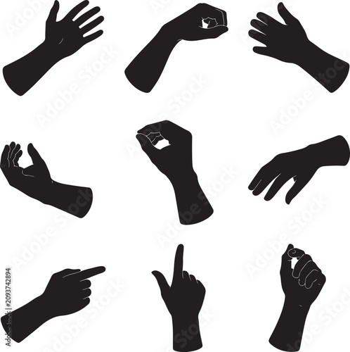 Collection of black hand silhouette icons showing various gestures and poses for design elements isolated on a white background