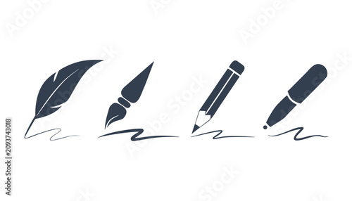 Dark gray of a feather quill, paintbrush, graphite pencil, and ballpoint pen on white