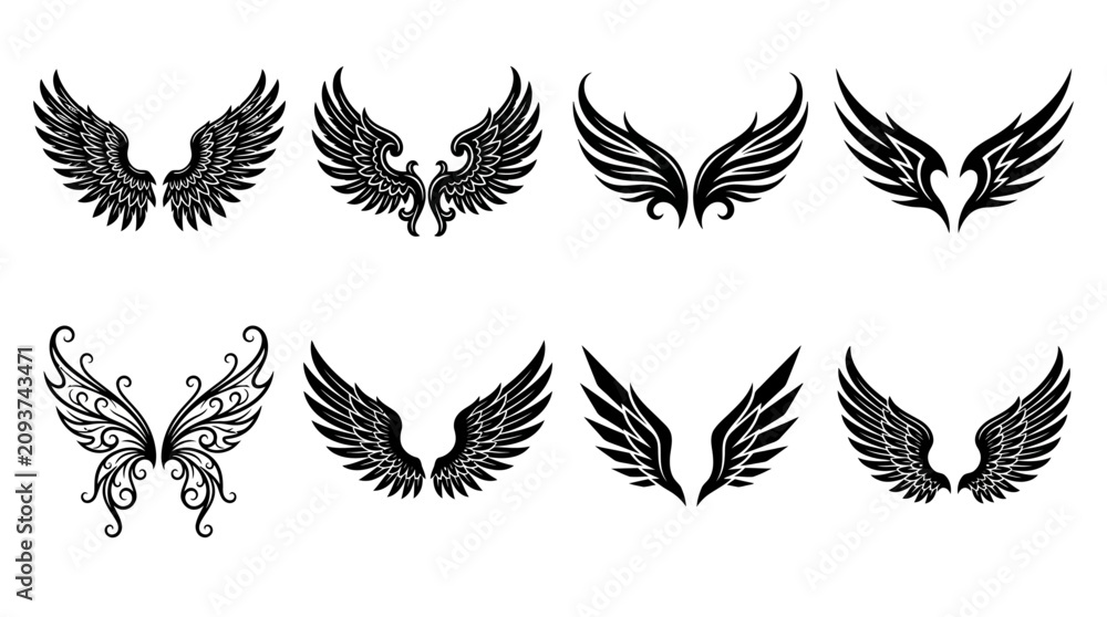 Obraz premium Stylized Black Wings Vector Collection - Eight Unique Feathered Wing Designs for Tattoos, Logos, and Graphic Projects