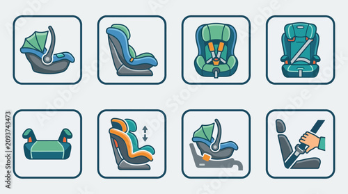 Vector baby car seat and booster safety icons set