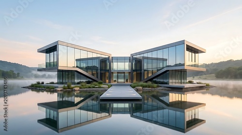 Modern glass house architecture over water reflecting sunset sky, contemporary luxurious waterfront property.