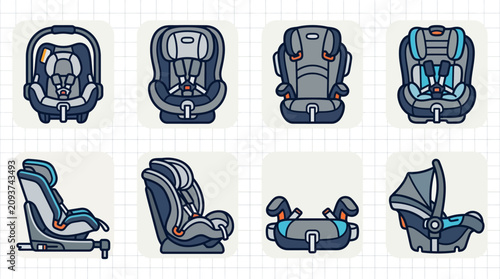 Set of car seat icons for graphic design in flat vector style featuring various baby and toddler safety seats
