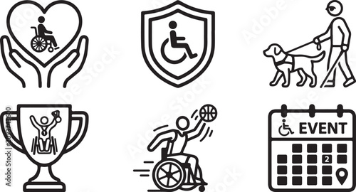 Set of black and white disability and accessibility icons for social inclusion and support services