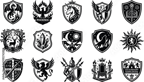 Obraz na płótnie Collection of 15 shield silhouettes with mythical creatures and legendary symbol