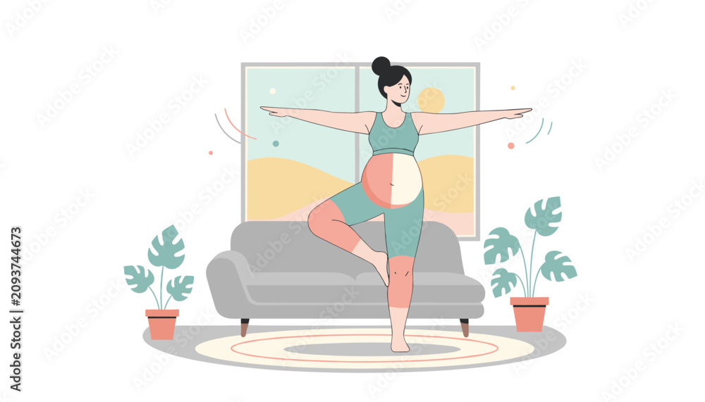 Obraz premium Pregnant woman performs a balanced yoga tree pose in her cozy living room to stay healthy and relaxed at home.