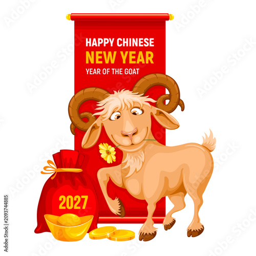 Greeting card, logo design for Chinese New Year 2027 with cartoon funny Goat, red scroll, bag with gifts, gold coins and ingot. Wishes wealth and prosperity. Isolated vector illustration