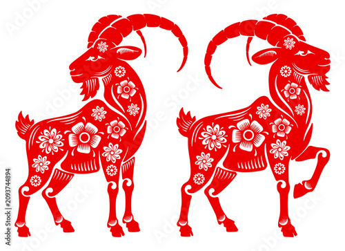 Goat silhouette with floral pattern. Paper cut and craft. Traditional drawing of Goat for 2027 Chinese New Year. Vector illustration