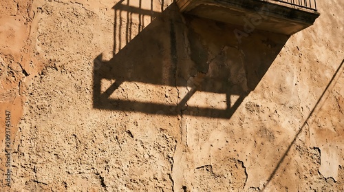 Geometric shadow of balcony and railing cast on rough stucco wall in bright sunlight.