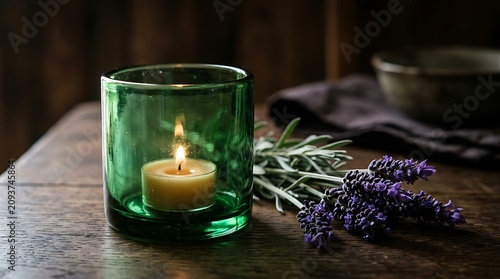 Lit candle in green glass holder with lavender sprigs on wooden table creating calm and relaxing atmosphere for aromatherapy.