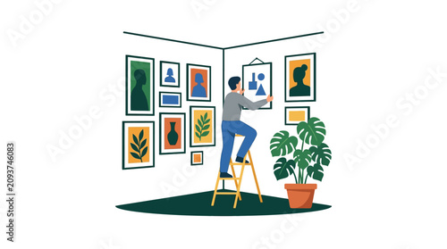 A person hanging framed art on a gallery wall.