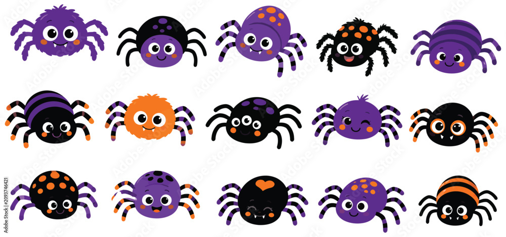Fototapeta premium Cute Halloween Spiders Set