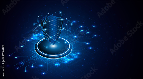 3D isometric shield icon representing internet security and firewall. Blue glowing technological background for cyber crime prevention.