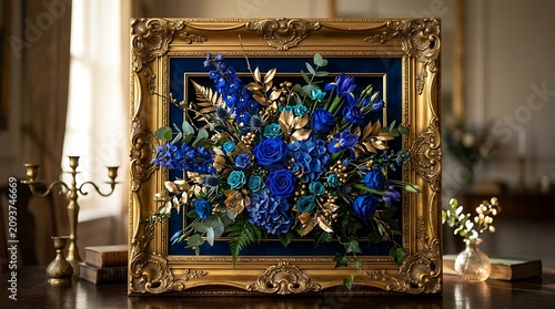 Opulent floral arrangement in ornate golden frame with lush blue flowers and gilded leaves displayed on a wooden table indoors.