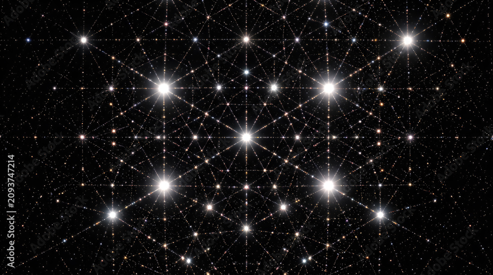 Fototapeta premium Geometric network displays a series of radiant star points joined by faint linear segments in a symmetrical hexagonal arrangement on a pitch black canvas for modern abstract digital backgrounds.