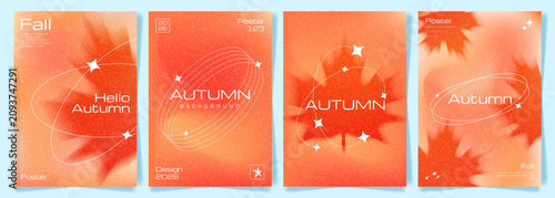 Trendy Autumn Cards Gradient Background Blur Maple Leaves Texture Y2K Elements. Fall Abstract Vector Modern Posters with Colourful Gradation Blurred Autumn Leaf Grainy Backgrounds for Autumn events