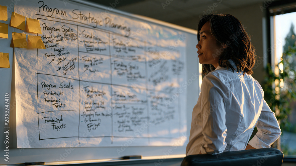 Fototapeta premium Nonprofit executive director standing alone at a whiteboard inside a sparse conference room reviewing a strategic planning matrix with handwritten program goals and funding targets while morning lig