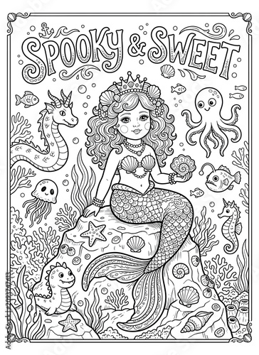 Cute mermaid coloring page with sea animals and whimsical underwater details. Perfect for Halloween kids activity books, printables and classroom fun.