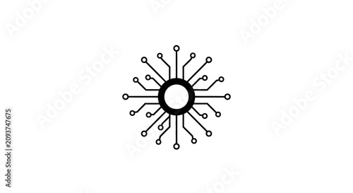 Obraz na płótnie A minimalist black and white illustration depicting a central circular hub with numerous radiating lines connecting to smaller circles, symbolizing a circuit, network, or data flow