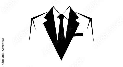 Minimalist black and white graphic illustration of a formal suit jacket with a tie, representing elegance and professionalism.