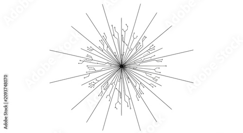 Quadro su tela Abstract black and white radial line drawing with intricate branching patterns emanating from a central point on a white background