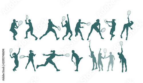 Fotografie Set of tennis player silhouettes in various action poses, vector illustration