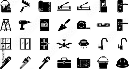 Construction tools and building equipment solid vector icons with construction building renovation hardware