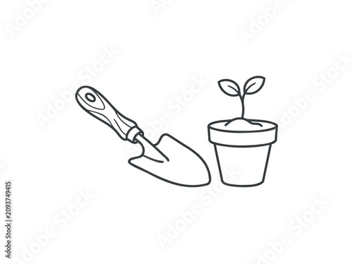 Simple line art illustration of a lawnmower cutting long grass, creating a neat path.