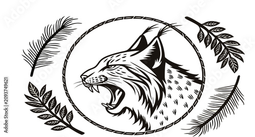 Foto A high-contrast, black-and-white ink illustration centered on a cream-colored background