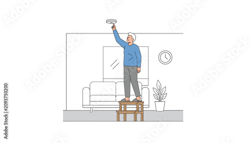 Person stands on a wooden stepladder to reach and test a smoke detector mounted on the ceiling of a modern living room.