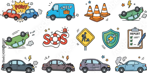 Obraz na plátne Car Accident and Roadside Assistance Doodle Illustration Set Vehicle Crash Emerg