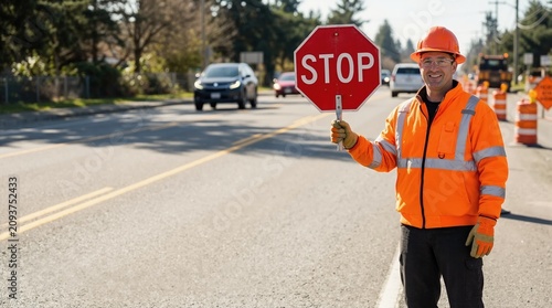 Male traffic controller holding stop sign on busy road. Construction worker in safety gear managing traffic at work site. Road safety and infrastructure concept